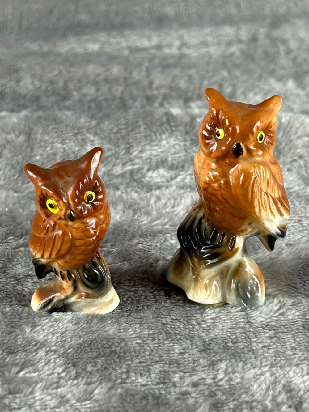Vintage Miniature Owl Figurines Bone China Pair Of 2 Brown Hand‎ Painted EUC
